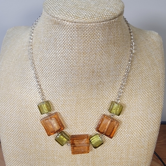 Fall Colors Art Glass Necklace Green Rusty Orange Square Rectangles - Picture 5 of 13